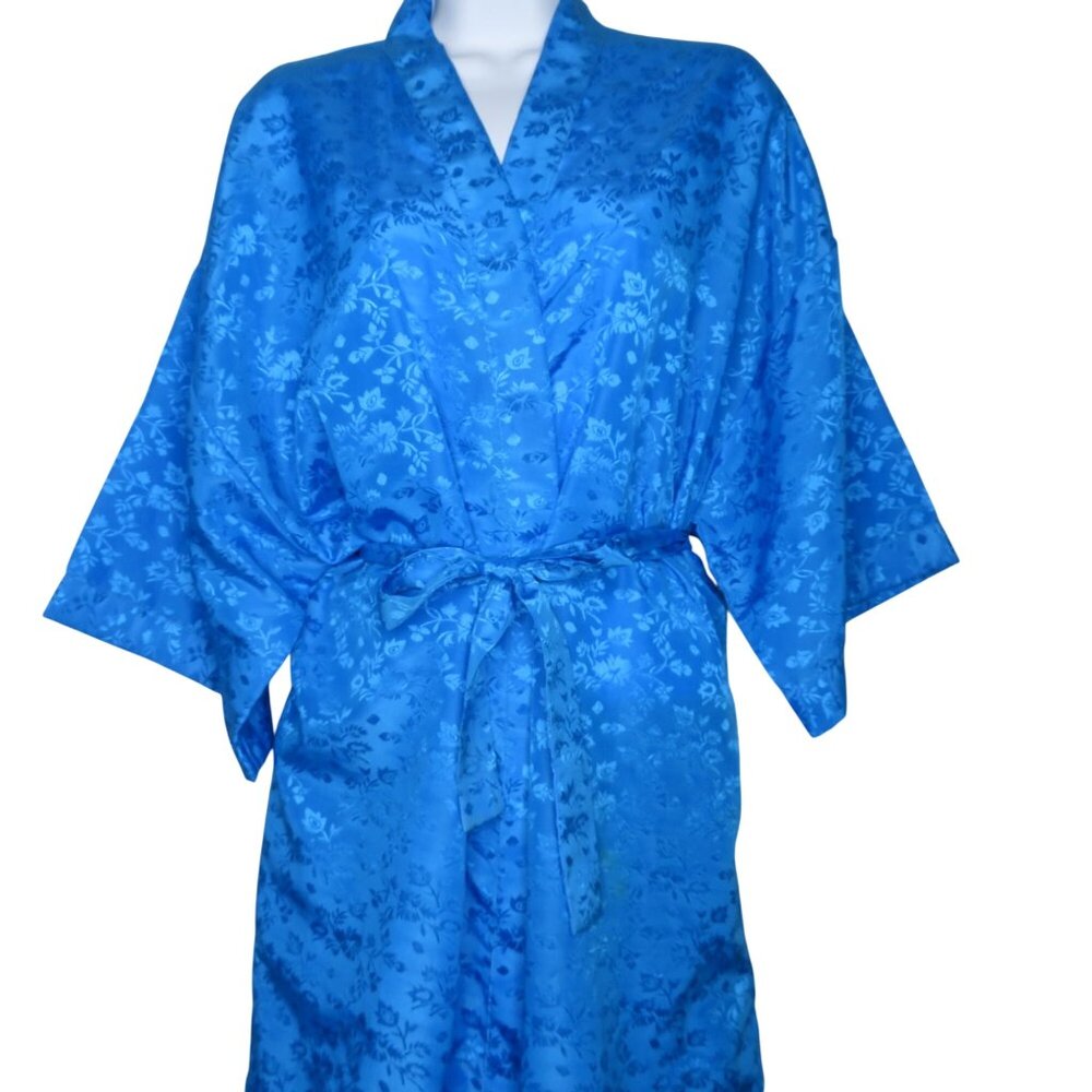 Womens Floral Blue Brocade Satin Kimono Robe Medium Knee Length Belted Pockets